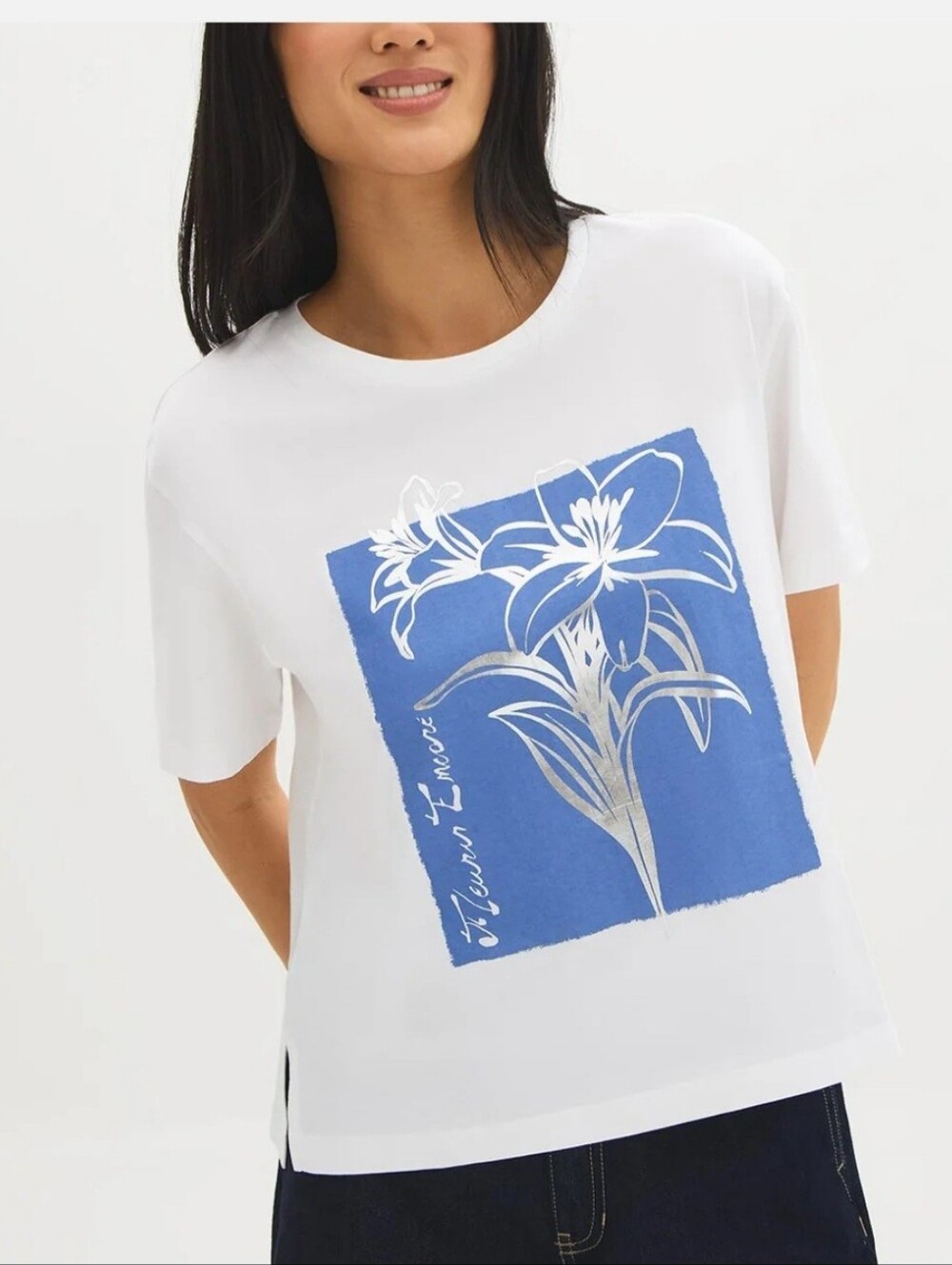 Suzy Shier White Organic Cotton Short Sleeve Tee with Blue Floral Foil Panel
